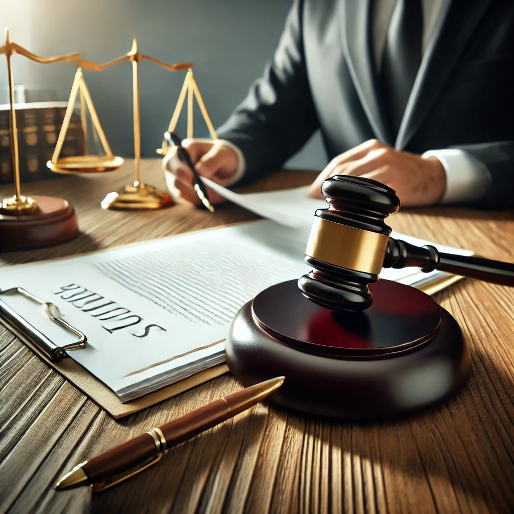 Gavel and legal documents on a desk in a professional office setting